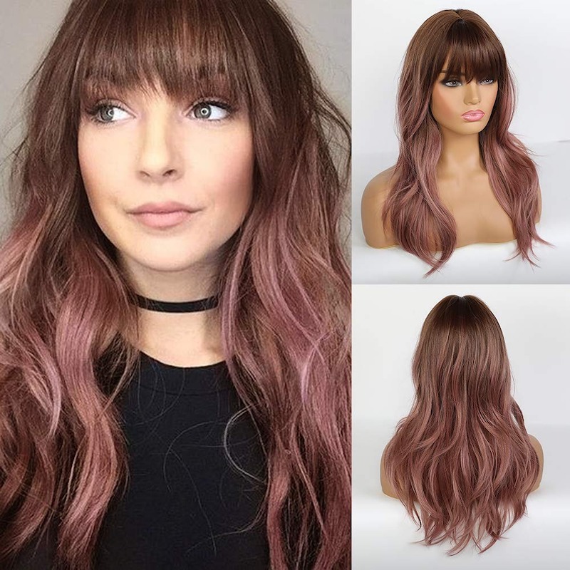 Lila rosa gewellte Perücken mit Pony, natürliche lockige synthetische Ombre-Perücken