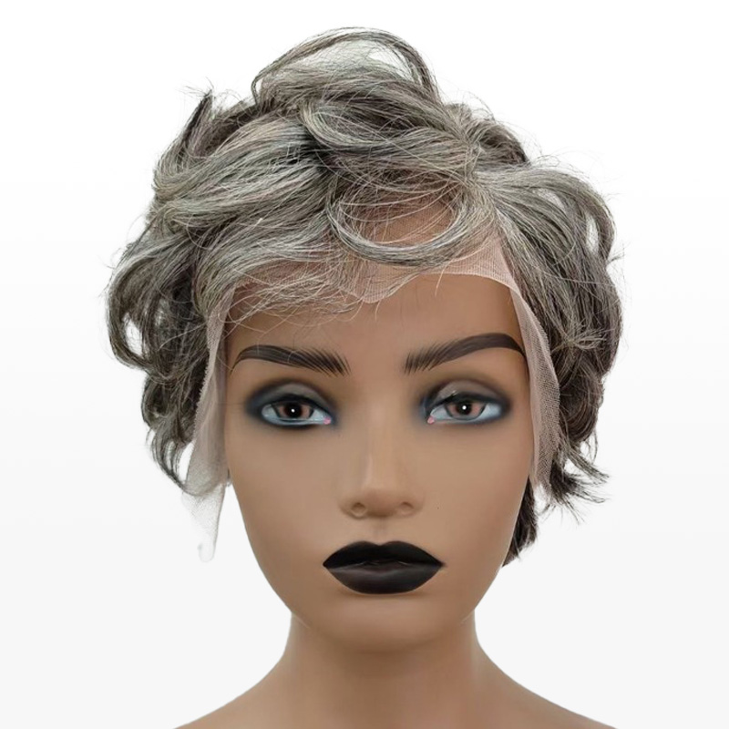 Salt & Pepper Custom Pixie Cuts Per&uuml;cke Natural Wave Bangs Per&uuml;cken f&uuml;r Mama