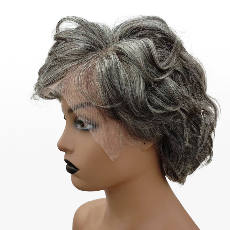 Salt & Pepper Custom Pixie Cuts Perücke Natural Wave Bangs Perücken für Mama