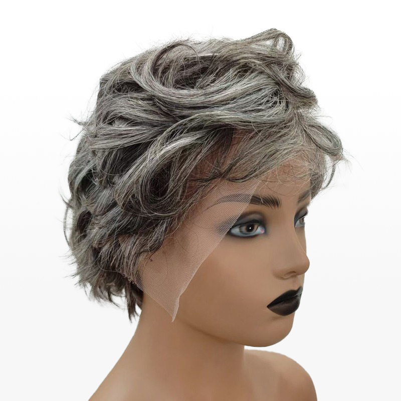 Salt & Pepper Custom Pixie Cuts Perücke Natural Wave Bangs Perücken für Mama