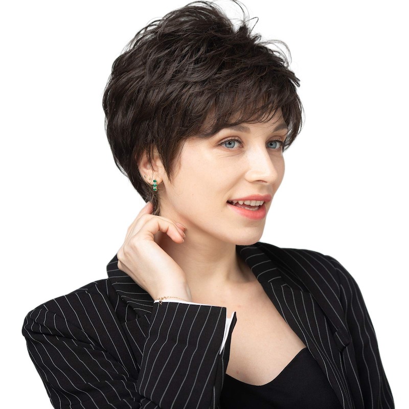 Kurze dunkelbraune synthetische Perücken für Damen und Damen-Perücke im Pixie-Schnitt