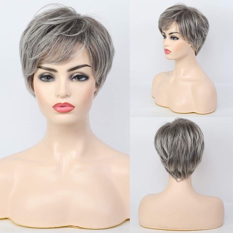 Kurze graue synthetische Perücken für Damen, natürliches Haar, tägliche Pixie-Schnitt-Perücke