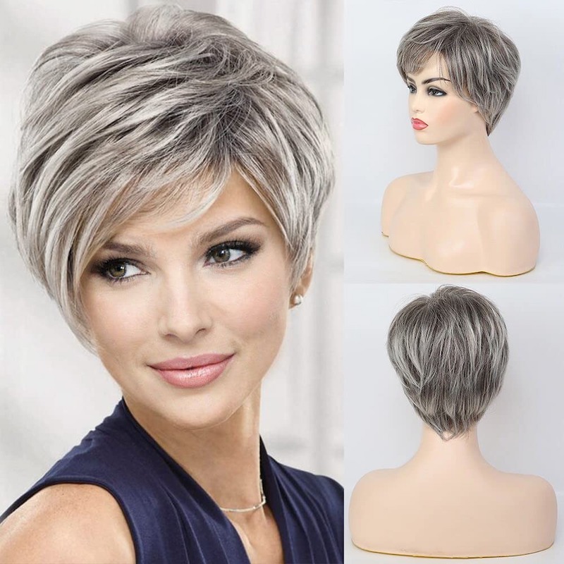 Kurze graue synthetische Perücken für Damen, natürliches Haar, tägliche Pixie-Schnitt-Perücke