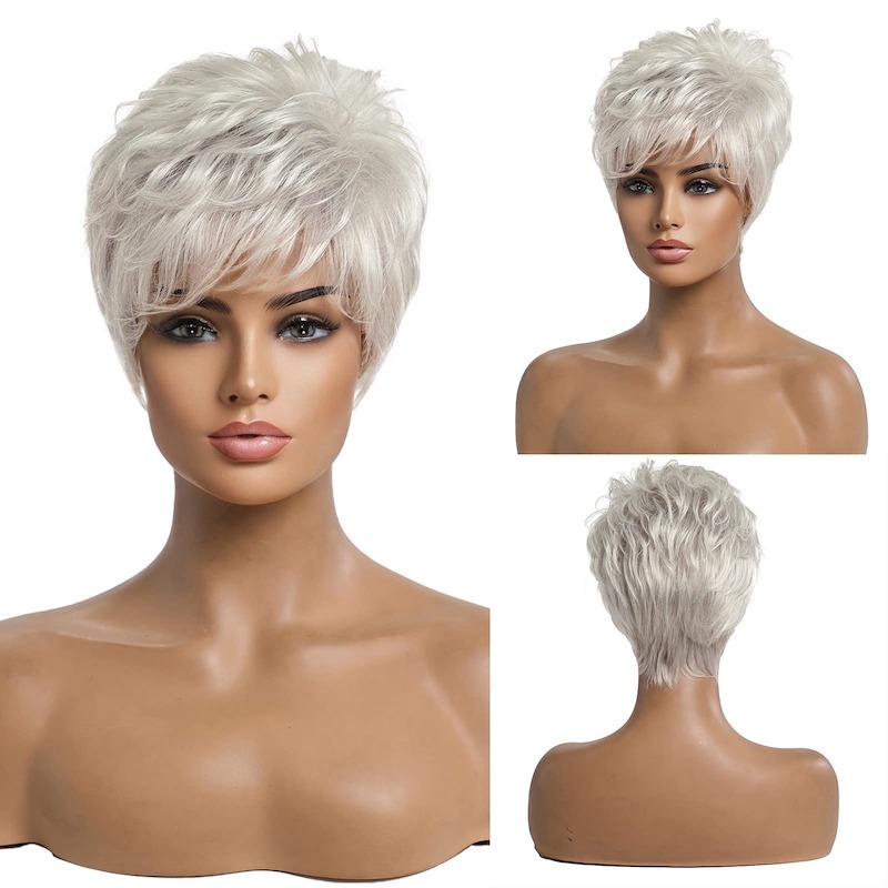 Kurze silbergraue Haarperücken für Frauen, Pixie-Schnitt-Perücke mit Pony