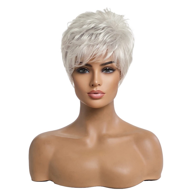 Kurze silbergraue Haarperücken für Frauen, Pixie-Schnitt-Perücke mit Pony