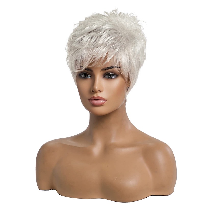 Kurze silbergraue Haarperücken für Frauen, Pixie-Schnitt-Perücke mit Pony