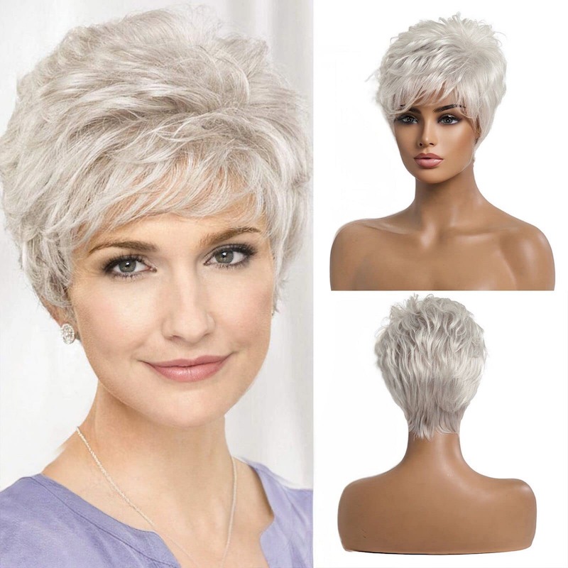 Kurze silbergraue Haarperücken für Frauen, Pixie-Schnitt-Perücke mit Pony