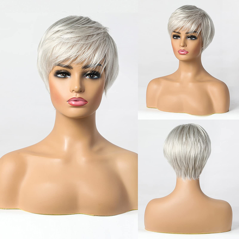 Kurze silbergraue synthetische Perücken für Damen, Pixie-Schnitt-Perücke