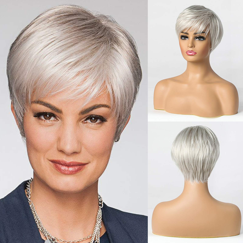 Kurze silbergraue synthetische Perücken für Damen, Pixie-Schnitt-Perücke