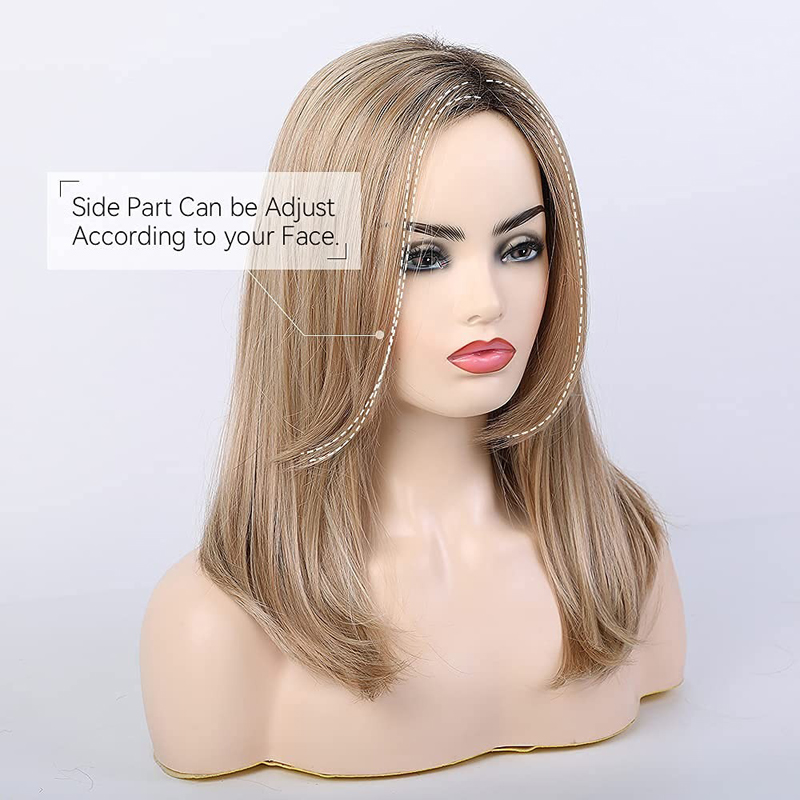 Strawberry Blonde Wigs Side Part Straight Shoulder Length Synthetic Wigs Ombre Dark Root