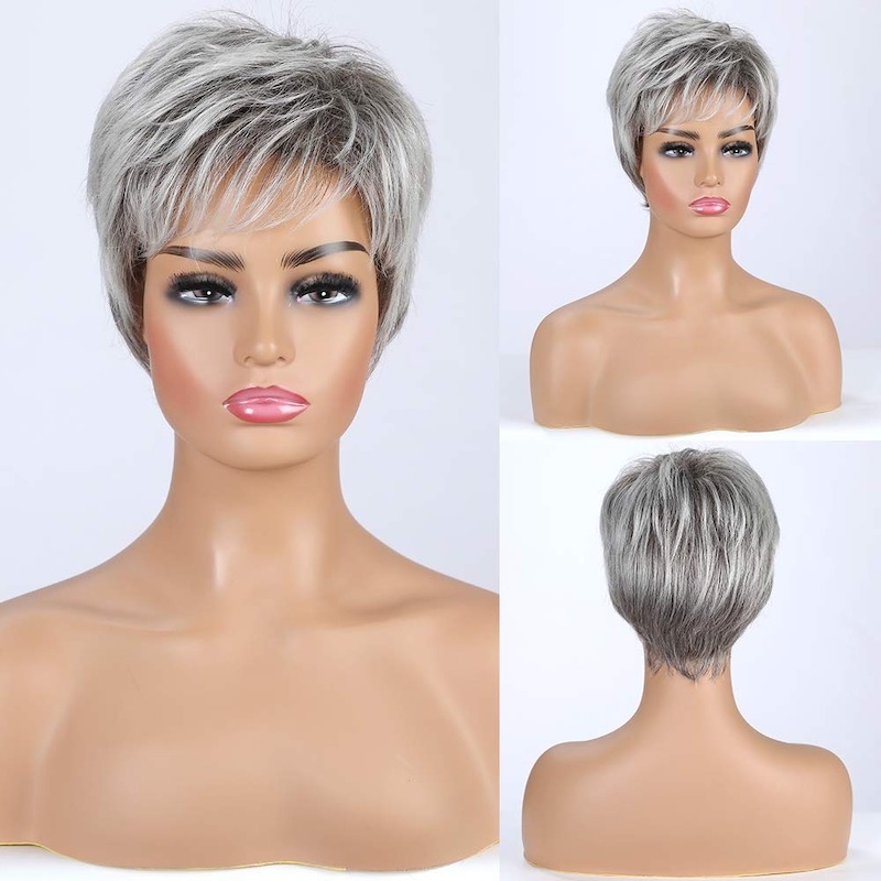 Stilvolle kurze graue synthetische Perücke für Damen, Pixie-Schnitt-Perücke