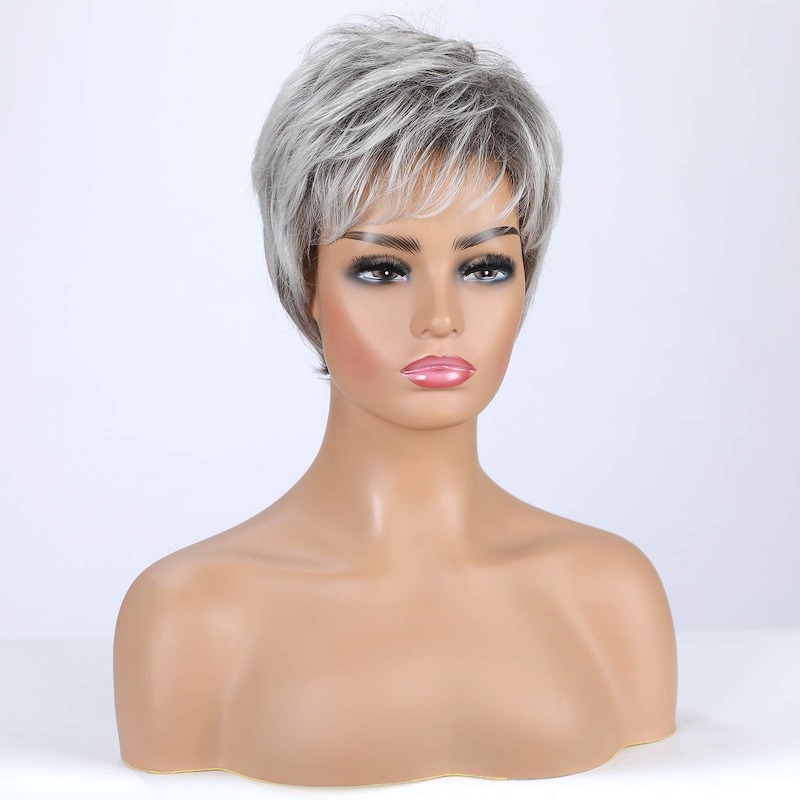 Stilvolle kurze graue synthetische Perücke für Damen, Pixie-Schnitt-Perücke
