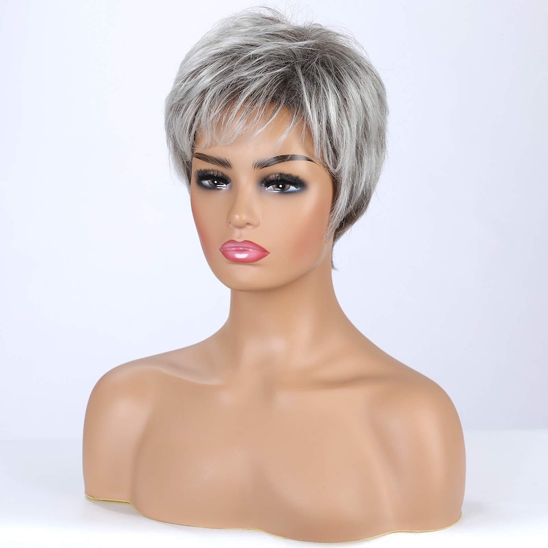 Stilvolle kurze graue synthetische Perücke für Damen, Pixie-Schnitt-Perücke